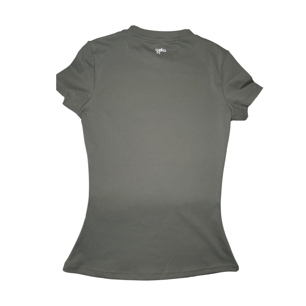 A women's short-sleeve mock neck t-shirt in a solid olive army green color, shown from the back against a plain white background.