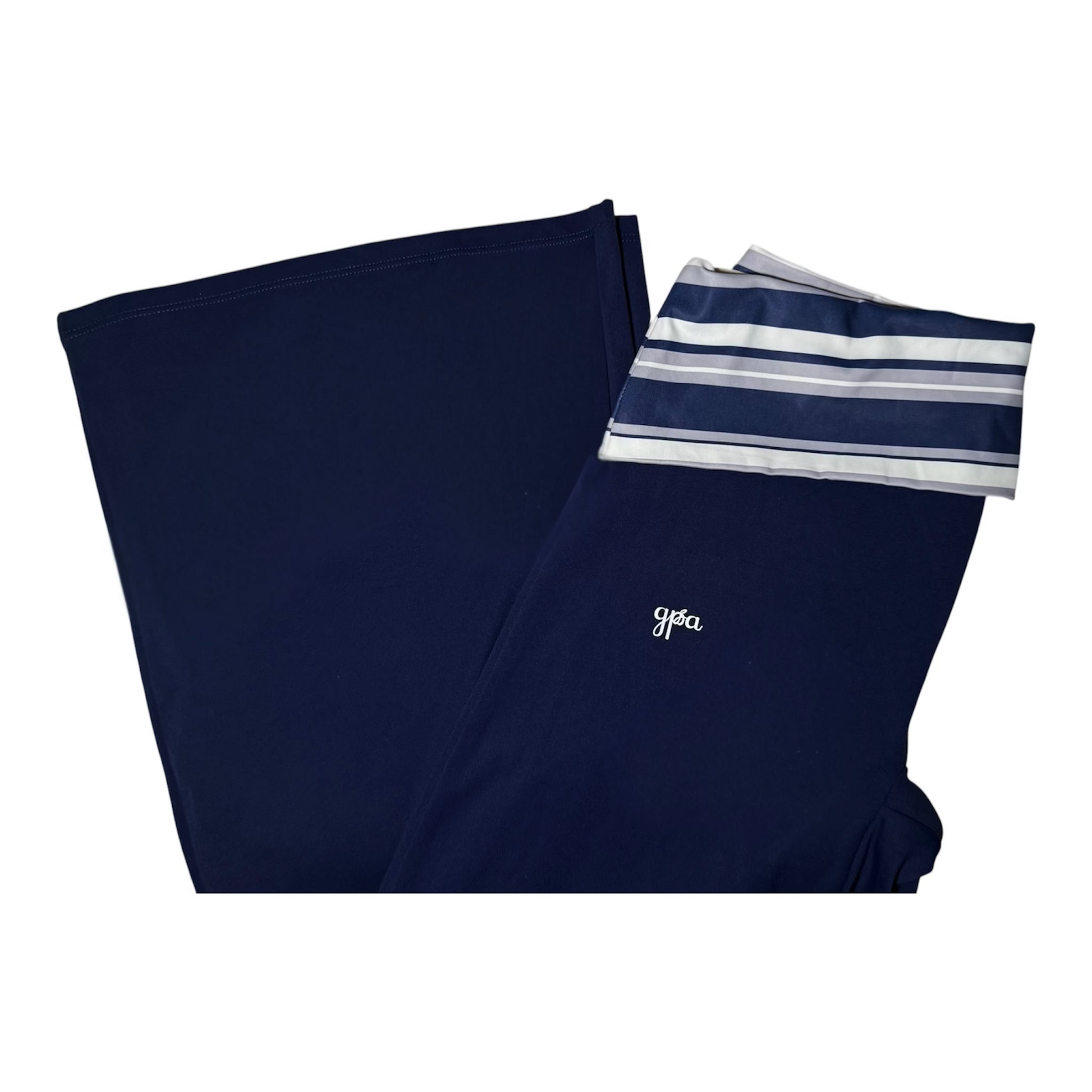 A folded navy blue athletic sweatshirt with white stripes on the sleeve cuff and a small white embroidered logo, shown on a plain white background.