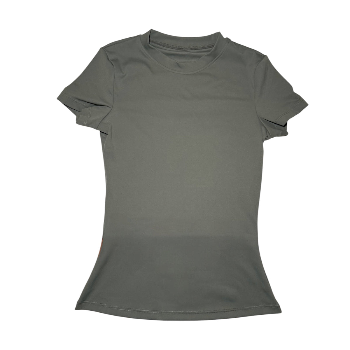 A women's short-sleeve mock neck t-shirt in a solid army olive green color, presented flat against a plain white background.