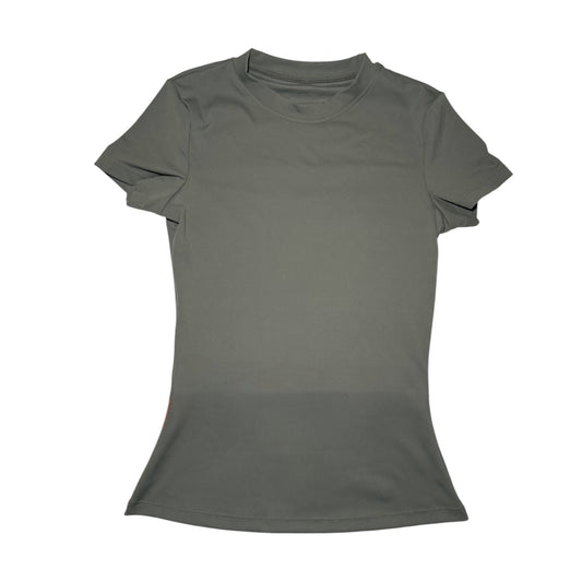 A women's short-sleeve mock neck t-shirt in a solid army olive green color, presented flat against a plain white background.